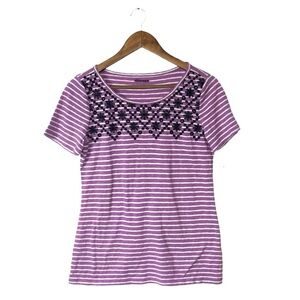 NEW Talbots Purple White Stripe Floral Short Sleeve T-Shirt 100% Cotton Size XS
